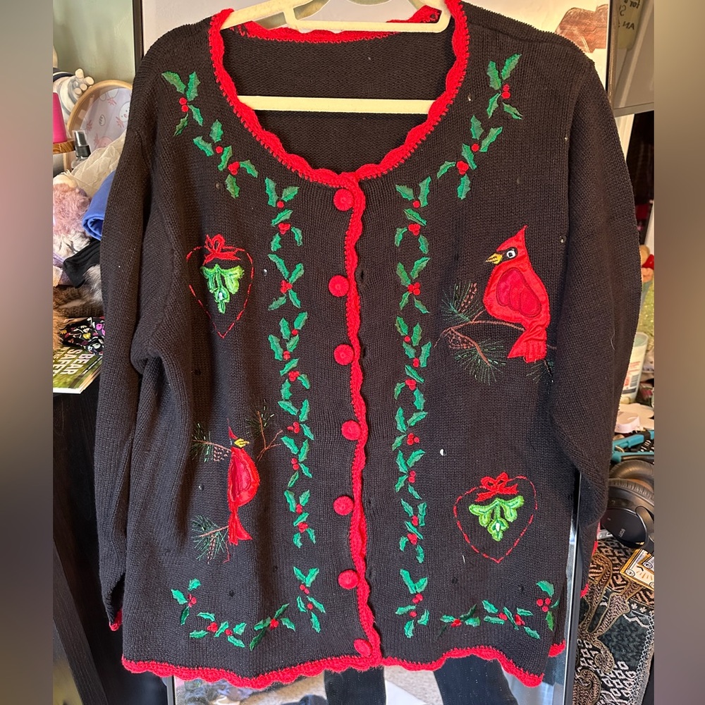 Vintage Basic Editions Holiday Embroidered Black and Red Women's Sweater